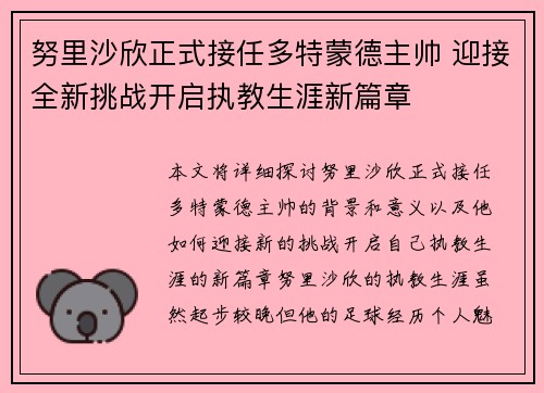 努里沙欣正式接任多特蒙德主帅 迎接全新挑战开启执教生涯新篇章