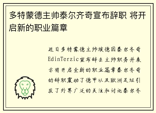 多特蒙德主帅泰尔齐奇宣布辞职 将开启新的职业篇章